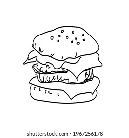 Original monochrome vector illustration of Burger with cutlet, tomatoes and greens in vintage style.
