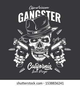 Original monochrome vector illustration. Evil skull bandit in a hat with two guns in his hands. T-shirt or sticker design.
