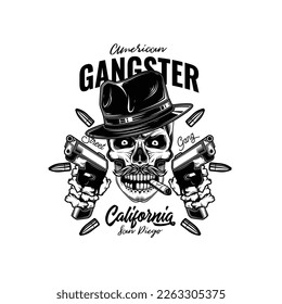 Originale monochrome Vektorgrafik. Der böse Schädel verbannt sich in einem Hut mit zwei Gewehren in den Händen. T-Shirt oder Aufkleber-Design.