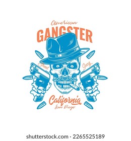 Original monochrome vector illustration. Evil skull bandit in a hat with two guns in his hands. T-shirt or sticker design.