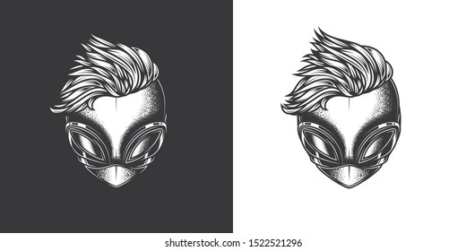 Original monochrome vector illustration of a hipster alien head with a stylish retro style hairstyle.