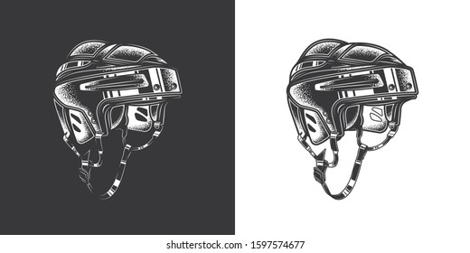 Original monochrome vector illustration. Hockey helmet in vintage style.