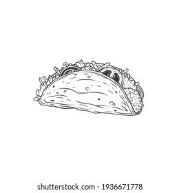 Original monochrome vector illustration of juicy tacos with tomatoes and minced meat.