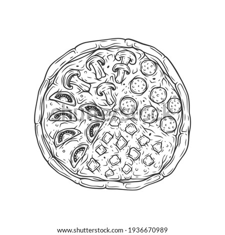 Original monochrome vector illustration. Large round assorted pizza with mushrooms, cheese, salami and tomatoes.