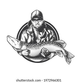 Original monochrome vector illustration. A man fisherman holds a large fish in his arms. Fishing T-shirt design, stickers, print.