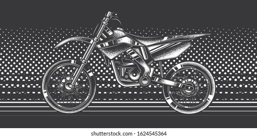 Original monochrome vector illustration. Motorcycle for motocross on a bright background in the style of 80-90's