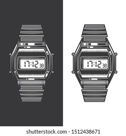 Original monochrome vector illustration. Old electronic wristwatch with alarm clock and flashlight in retro style