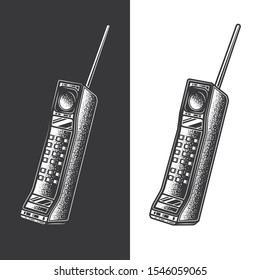 Original monochrome vector illustration. Old wireless, mobile phone in retro style.