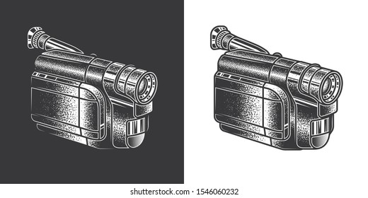 Original Monochrome Vector Illustration. Old VHS Camcorder In Retro Style.