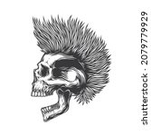 Original monochrome vector illustration on a white background. A skull with an open mouth and a punk rock hairstyle. T-shirt design, stickers, print.