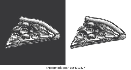 Original monochrome vector illustration of a pizza slice with olives, salami, mushrooms and greens in vintage style.