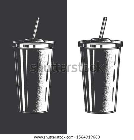 Original monochrome vector illustration plastic soda Cup with lid and straw in vintage style.