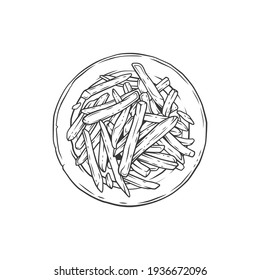 Original monochrome vector illustration of a plate with French fries in vintage style.