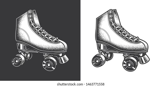 Original monochrome vector illustration in retro style. Vintage roller skates