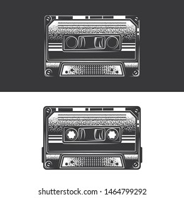 Original monochrome vector illustration in retro audio cassette style on white and black background