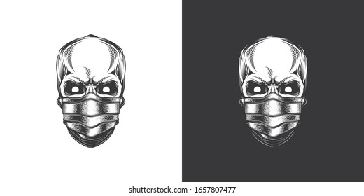 Original monochrome vector illustration in retro style of a human skull in a medical mask.