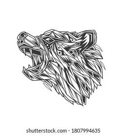 Original monochrome vector illustration in retro style. Bear head in abstract style. Design for t-shirt or sticker