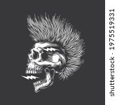 Original monochrome vector illustration. A skull with an open mouth and a punk rock hairstyle. T-shirt design, stickers, print.