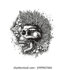 Original monochrome vector illustration. A skull with an open mouth and a punk-rock hairstyle on a floral pattern background. T-shirt design, stickers, print.