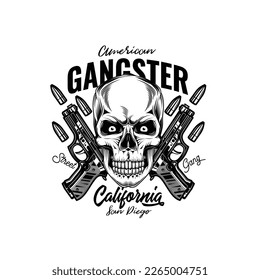 Original monochrome vector illustration. Skull bandit on the background of two guns. T-shirt or sticker design.