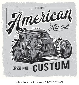 Original monochrome vector illustration in vintage style. American custom car. Hot Rod.