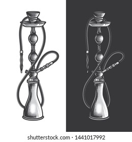 Original monochrome vector illustration in vintage style. Hookah on white and black background