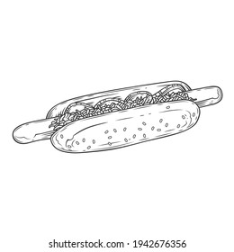 Original monochrome vector illustration in vintage style. Danish hot dog with fried onions and pickles.