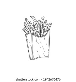 Original monochrome vector illustration in vintage style. French fries in a paper box.
