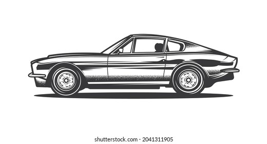 Original monochrome vector illustration in vintage style. Contour retro car. T-shirt or print design