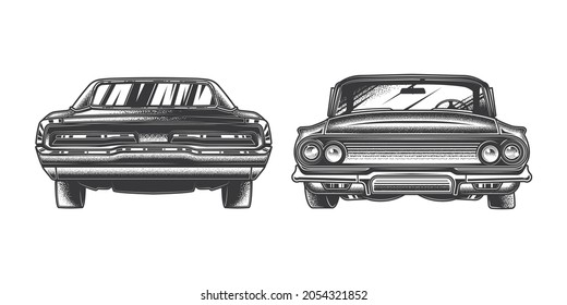 Original monochrome vector illustration in vintage style. Retro cars from different sides.