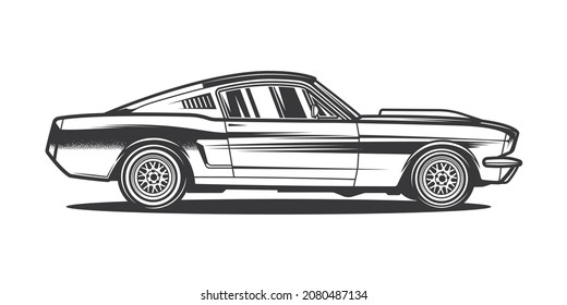 Original monochrome vector illustration in vintage style. Contour retro car. T-shirt or print design