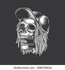 Original monochrome vector illustration in vintage style. A skull with an open mouth, a baseball cap, and long hair.