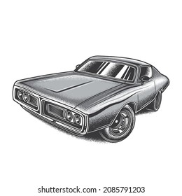 Original monochrome vector illustration in vintage style. An old custom car. T-shirt design.