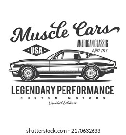 Original monochrome vector illustration in vintage style. Contour retro car. T-shirt or print design