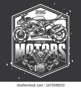 Original monochrome vector label in vintage style. The fastest motorcycle. Superbike.