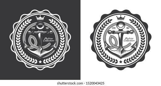 Original monochrome vector marine emblem with anchor in retro style.