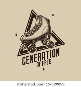 Original, monochrome, vector music emblem in retro style. Stylish roller skates on the background of a text composition. T-shirt design