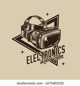 Original, monochrome, vector music emblem in retro style. Virtual reality glasses. T-shirt design