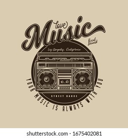 Original, monochrome, vector music emblem in retro style. Old cassette player. Boombox