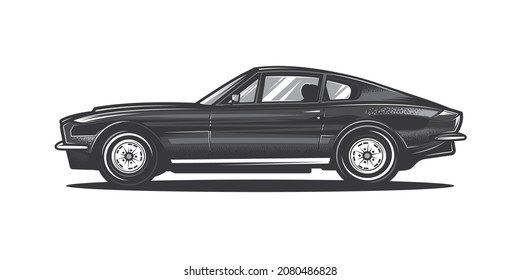 Original monochrome vector retro car print on a white background. American muscle car. T-shirt Design