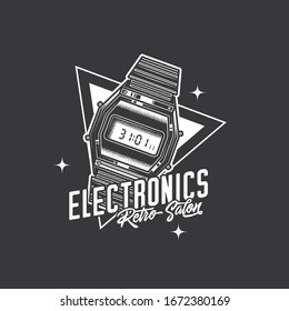 Original monochrome Vektorillustration Retro-Emblem. Eine alte elektronische Armbanduhr. T-Shirt-Design