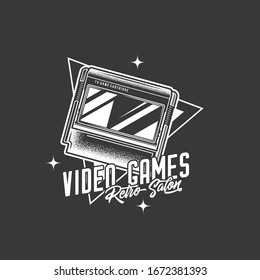Original monochrome vector retro emblem 8-bit console game cartridge. T-shirt design