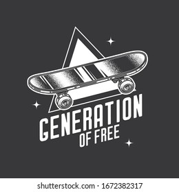 Original monochrome vector retro emblem Vintage skateboard on the background of a text composition. T-shirt design
