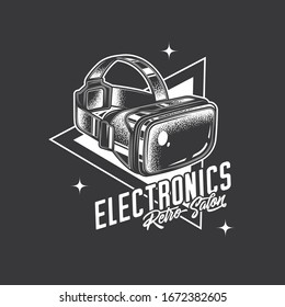 Original monochrome vector retro emblem. Virtual reality glasses. T-shirt design