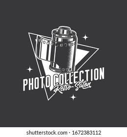 Original monochrome vector retro emblem. Film for the camera. T-shirt design