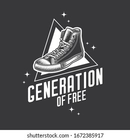 Original monochrome vector retro emblem. Vintage sneakers on the background of a text composition. T-shirt design