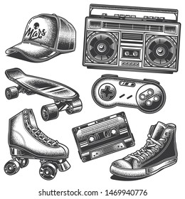 Original monochrome vector retro set of illustrations in 80's style 