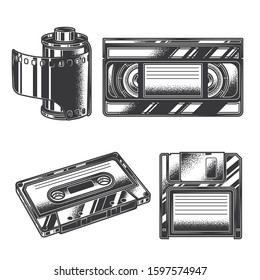 Original monochrome vector retro set of items in vintage style. Film, Cassettes, Floppy Disks.