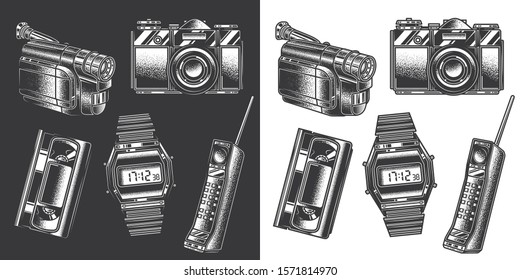 Original monochrome vector set of electronic accessories in retro style.