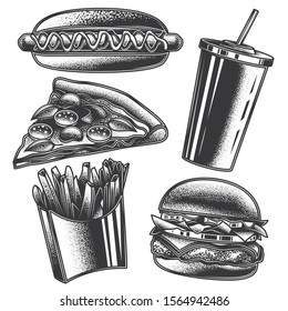 Original monochrome vector set of fast food in vintage style.